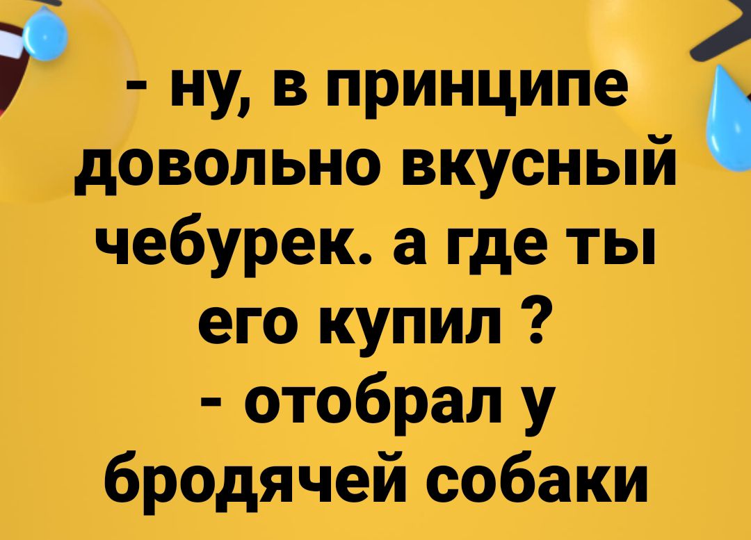 - ну, в принципе довольно вкусный чебурек. а где ты его купил ?
- отобрал у бродячей собаки