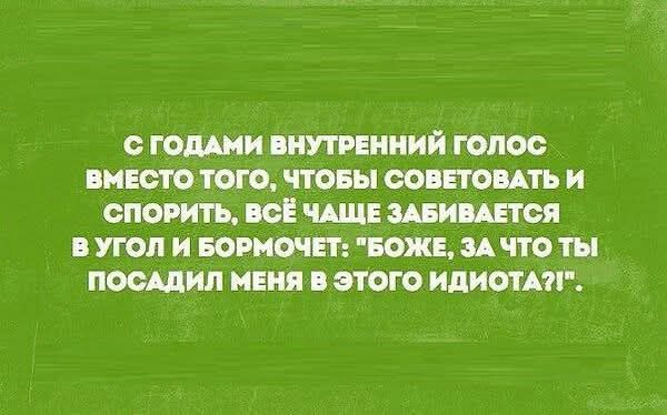 С годами внутренний голос вместо того, чтобы советовать и спорить, всё чаще забивается в угол и бормочет: «Боже, за что ты посадил меня в этого идиота!»