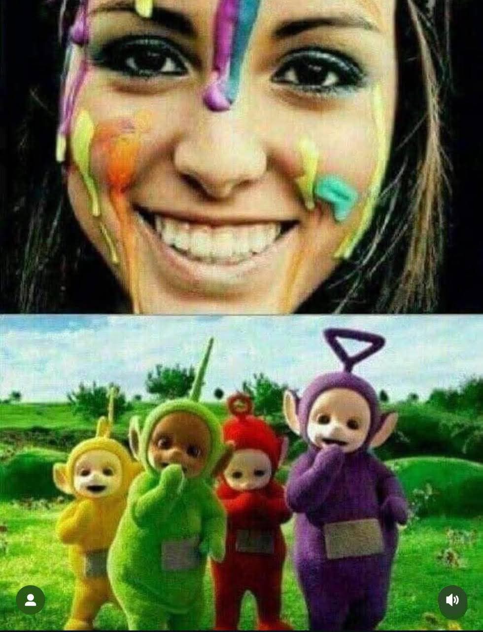 Девушка с разноцветной краской на лице сверху; снизу — персонажи Teletubbies на поле.