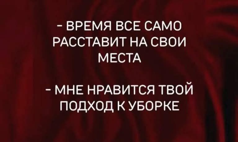 - ВРЕМЯ ВСЕ САМО РАССТАВИТ НА СВОИ МЕСТА
- МНЕ НРАВИТСЯ ТВОЙ ПОДХОД К УБОРКЕ