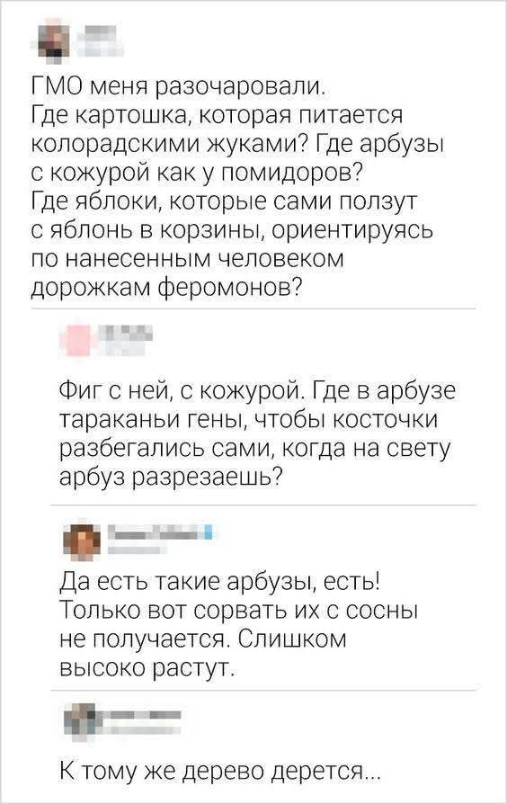 ГМО меня разочаровали. Где картошка, которая питается колорадскими жуками? Где арбузы с кожурой как у помидоров? [Где яблоки, которые сами ползут с яблонь в корзины, ориентируясь по нанесенным человеком дорожкам феромонов?]\n\nФиг с ней, с кожурой. Где в арбузе тараканьи гены, чтобы косточки разбегались сами, когда на свету арбуз разрезаешь?\n\nДа есть такие арбузы, есть! Только вот сорвать их с сосны не получается. Слишком высоко растут.\n\nК тому же дерево дерется...