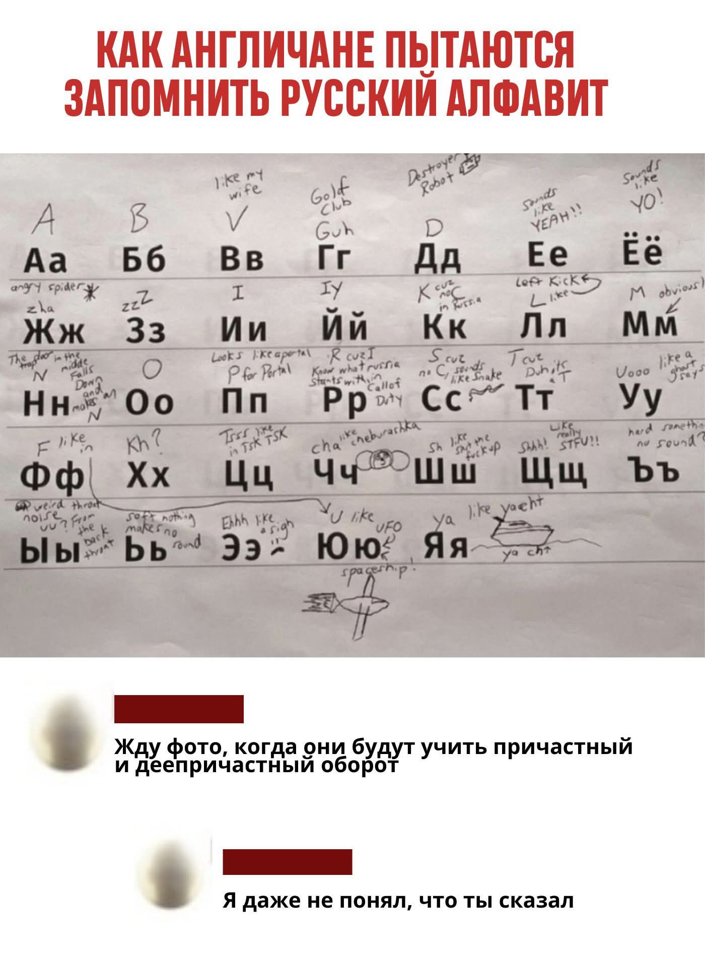 КАК АНГЛИЧАНЕ ПЫТАЮТСЯ ЗАПОМНИТЬ РУССКИЙ АЛФАВИТ. ЖДУ ФОТО, КОГДА ОНИ БУДУТ УЧИТЬ ПРИЧАСТНЫЙ И ДЕЕПРИЧАСТНЫЙ ОБОРОТ. Я ДАЖЕ НЕ ПОНЯЛ, ЧТО ТЫ СКАЗАЛ.