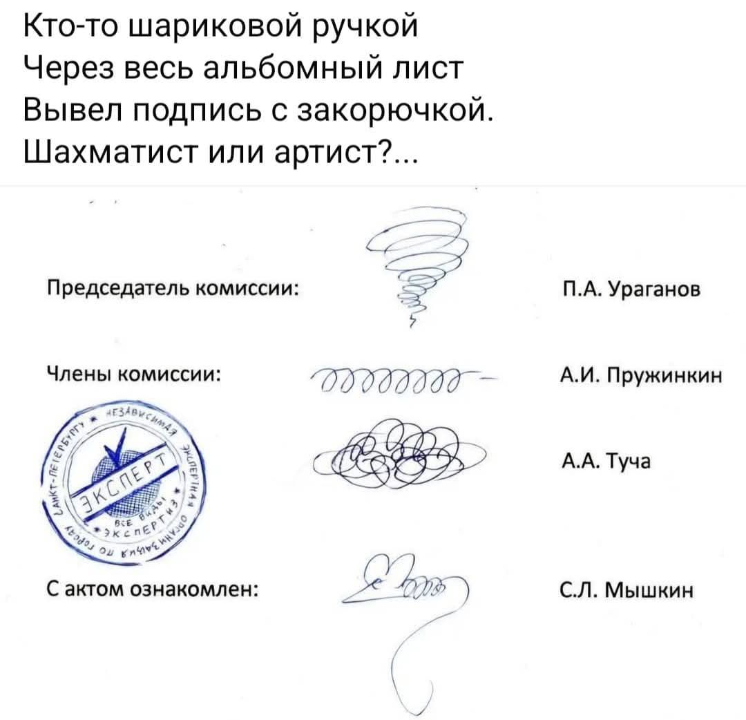 Кто-то шариковой ручкой Через весь альбомный лист Вывел подпись с закорючкой. Шахматист или артист?... Председатель комиссии: П.А. Ураганов Члены комиссии: А.И. Пружинкин С.А. Туча С актом ознакомлен: С.Л. Мышкин
