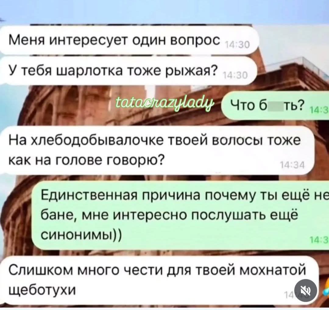 Меня интересует один вопрос
У тебя шарлотка тоже рыжая?
Что бы ты?
На хлебобулочке твоей волососи тоже как на голове говорю?
Единственная причина почему ты ещё не бане, мне интересно послушать ещё синоними))
Слишком много чести для твоей мохнатой щеботухи