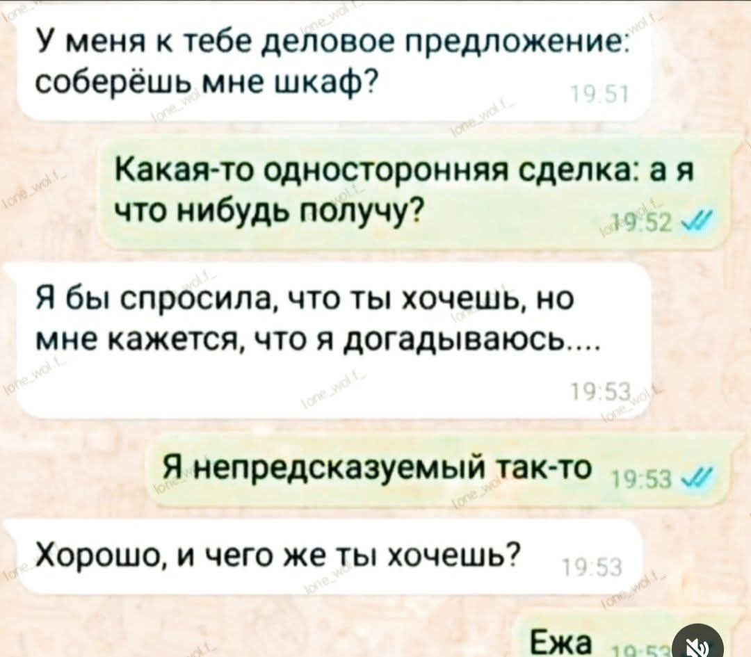 У меня к тебе деловое предложение: соберёшь мне шкаф?
Какая-то односторонняя сделка: а я что ни будет получу?
Я бы спросила, что ты хочешь, но мне кажется, что я догадаюсь...
Я непредсказуемый так-то
Хорошо, и чего же ты хочешь?
Ежа