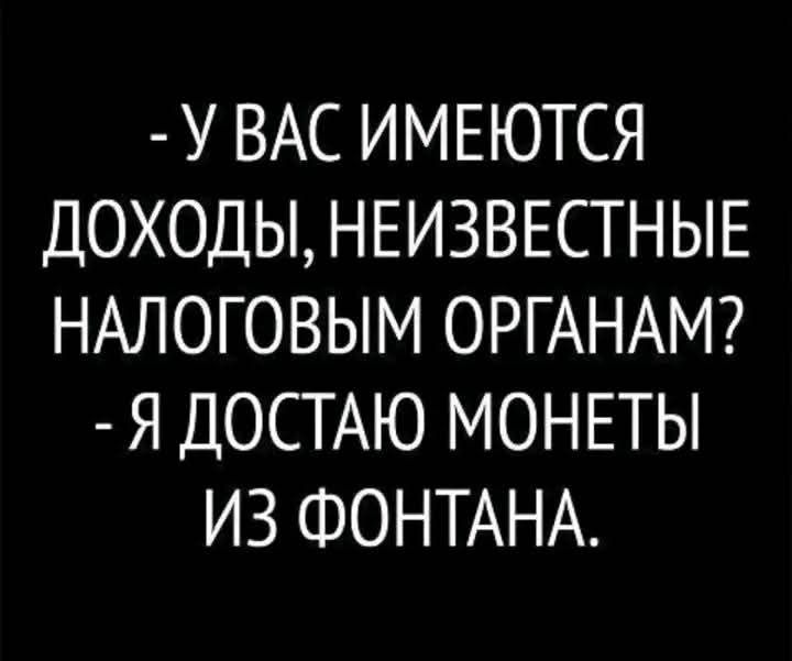 - У ВАС ИМЕЮТСЯ ДОХОДЫ, НЕИЗВЕСТНЫЕ НАЛОГОВЫМ ОРГАНАМ? - Я ДОСТАЮ МОНЕТЫ ИЗ ФОНТАНА.