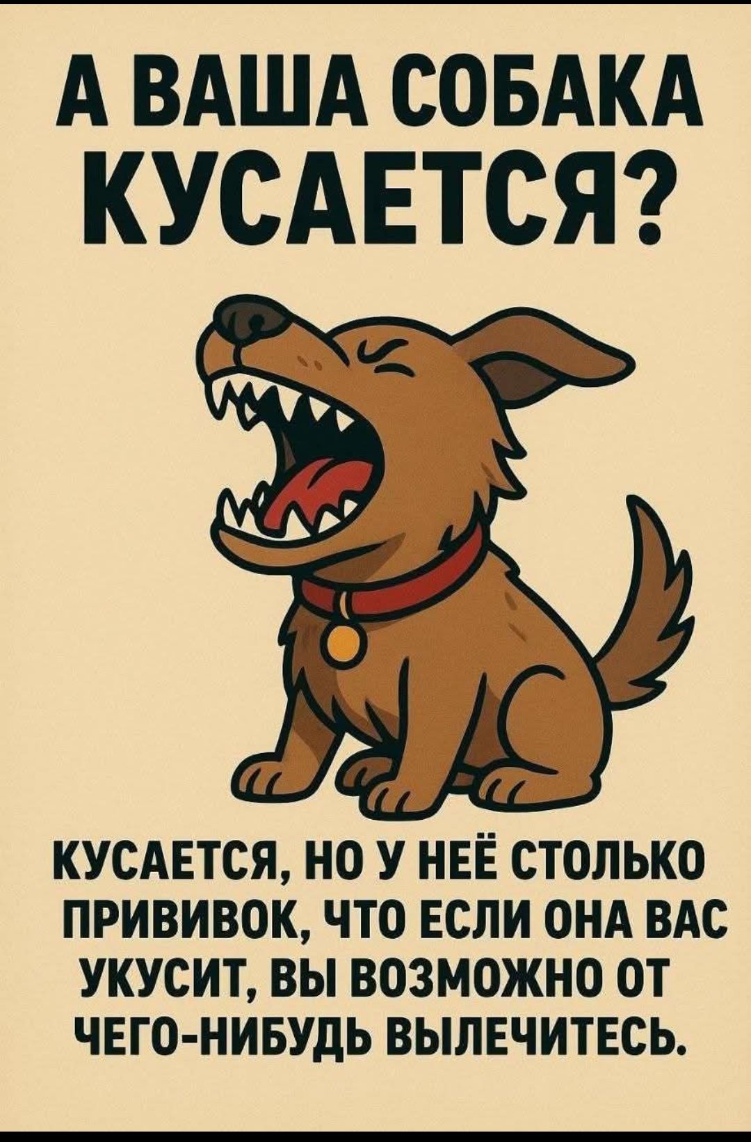 А ВАША СОБАКА КУСАЕТСЯ? КУСАЕТСЯ, НО У НЕЁ ТОЛЬКО ПРИВИВОК, ЧТО ЕСЛИ ОНА ВАС УКУСИТ, ВЫ ВОЗМОЖНО ОТ ЧЕГО-НИБУДЬ ВЫЛЕЧИТЕСЬ.