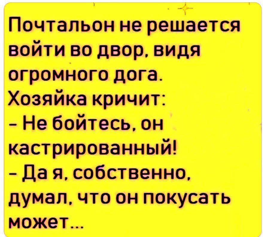 Почтальон не решается войти во двор, видя огромного пса. Хозяйка кричит: - Не бойтесь, он кастрированный! - Да я, собственно, думал, что он покусать может...