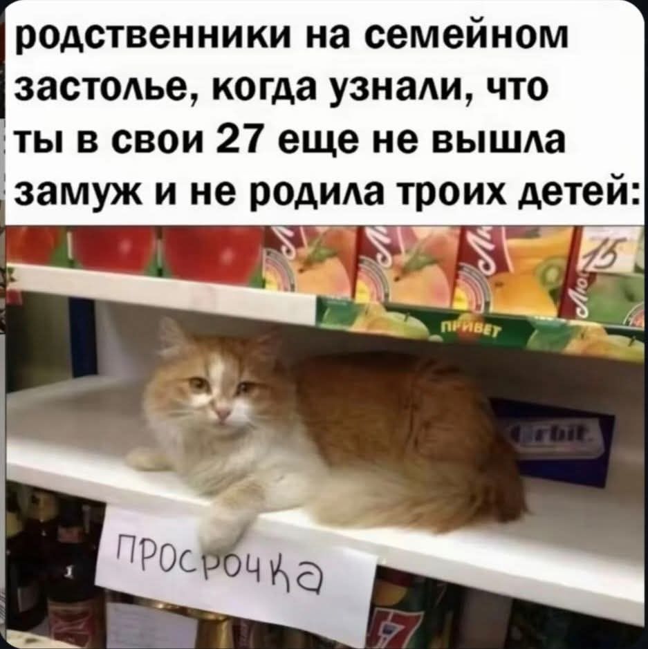 родственники на семейном застолье, когда узнали, что ты в свои 27 еще не вышла замуж и не родила троих детей:
Просрочка