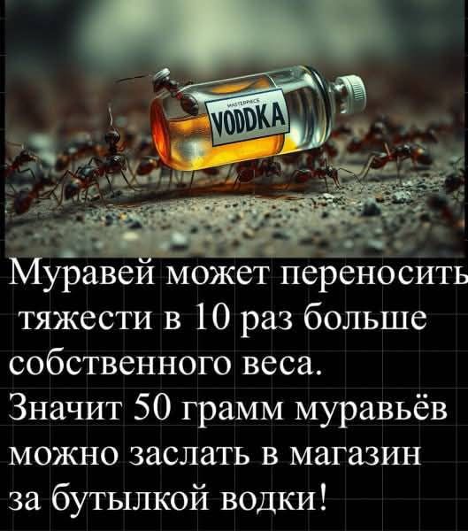 Муравей может переносить тяжести в 10 раз больше собственного веса. Значит 50 грамм муравьёв можно засласт в магазин за бутылкой водки!