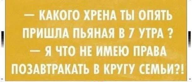 — КАКОГО ХРЕНА ТЫ ОПЯТЬ ПРИШЛА ПЬЯНАЯ В 7 УТРА? — Я ЧТО НЕ ИМЕЮ ПРАВА ПОЗАВТРАКАТЬ В КРУГУ СЕМЬИ?!