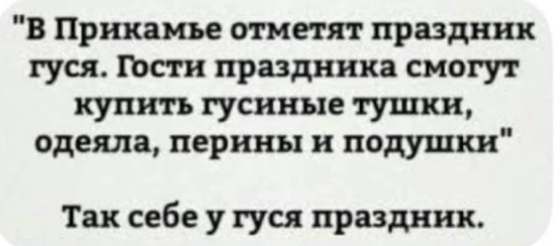 В Прикамье отметят праздник гуся. Гости праздника смогут купить гусиные тушки, одеяла, перины и подушки. Так себе у гуся праздник.