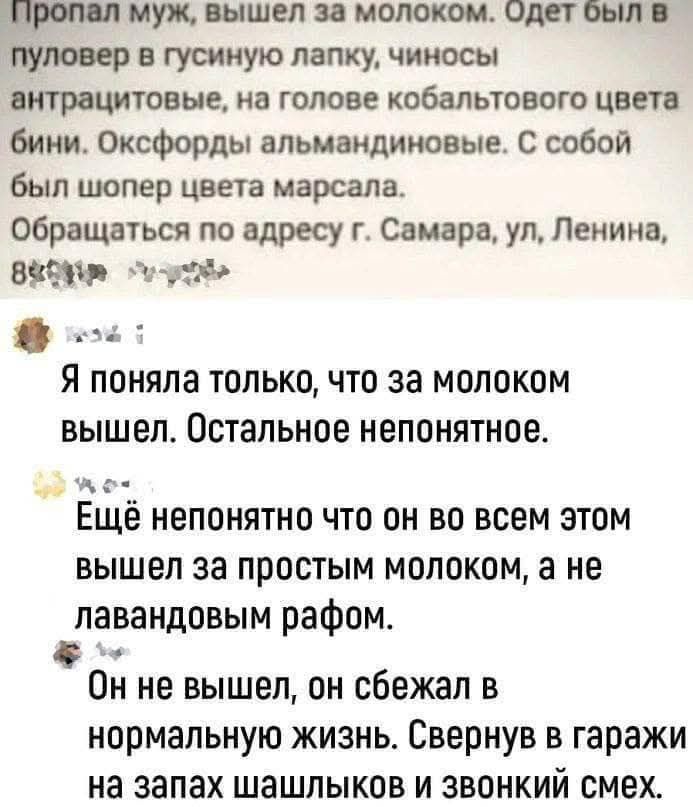 Я поняла только, что за молоком вышел. Остальное непонятное. Ещё непонятно что он во всем этом вышел за простым молоком, а не лавандовым рафом. Он не вышел, он сбежал в нормальную жизнь. Свернул в гараж за запах шашлыков и звонкий смех.