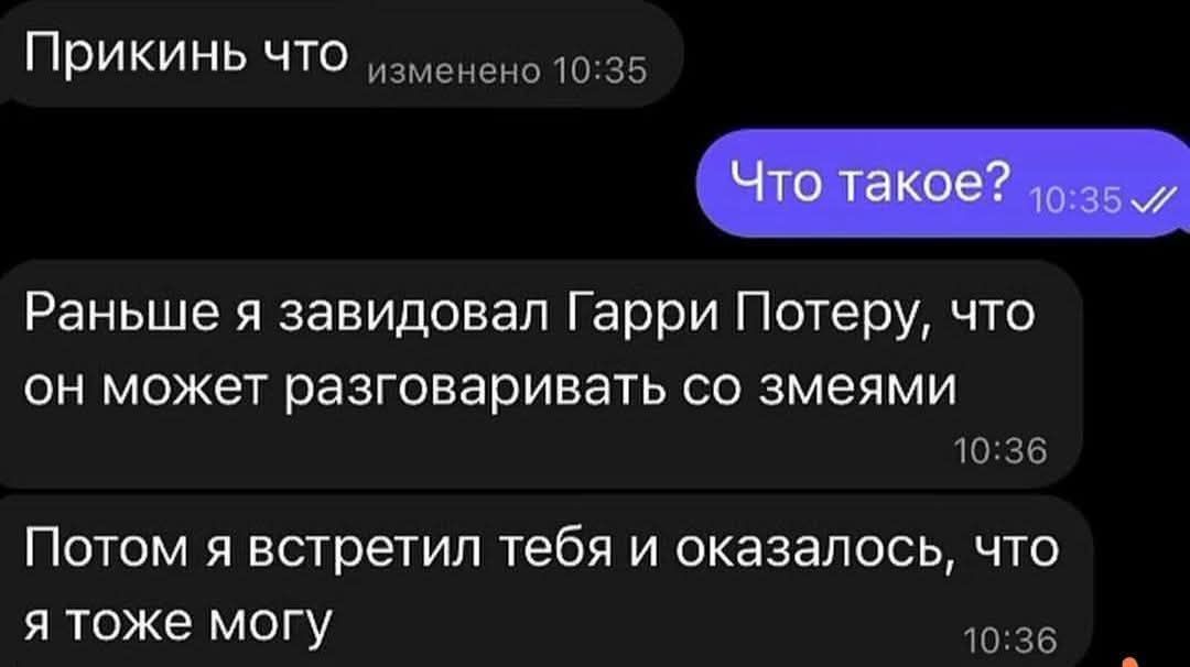 Прикинь что
Что такое?
Раньше я завидовал Гарри Потеру, что он может разговаривать со змеями
Потом я встретил тебя и оказался, что я тоже могу