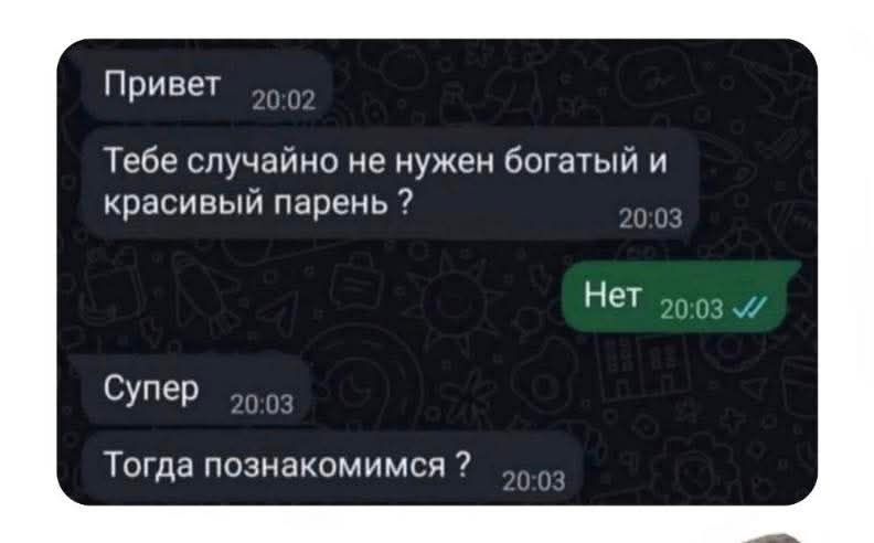 Привет
Тебе случайно не нужен богатый и красивый парень ?
Нет
Супер
Тогда познакомимся ?