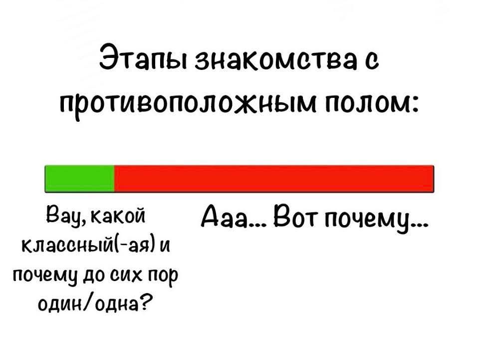 Этапы знакомства с противоположным полом:\n[маленький зелёный кусок на шкале] Вау, какой классный(ая) и почему до сих пор один/одна?\n[большая красная часть] Ааа... Вот почему...