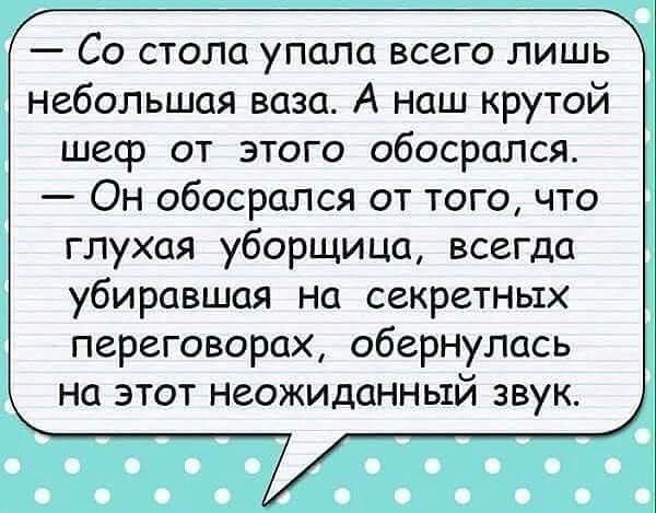 Со стола упала всего лишь небольшой ваза. А наш крутой шеф от этого обосрался. Он обосрался от того, что глухая уборщица, всегда убирающая на секретных переговорах, обернулась на этот неожиданный звук.