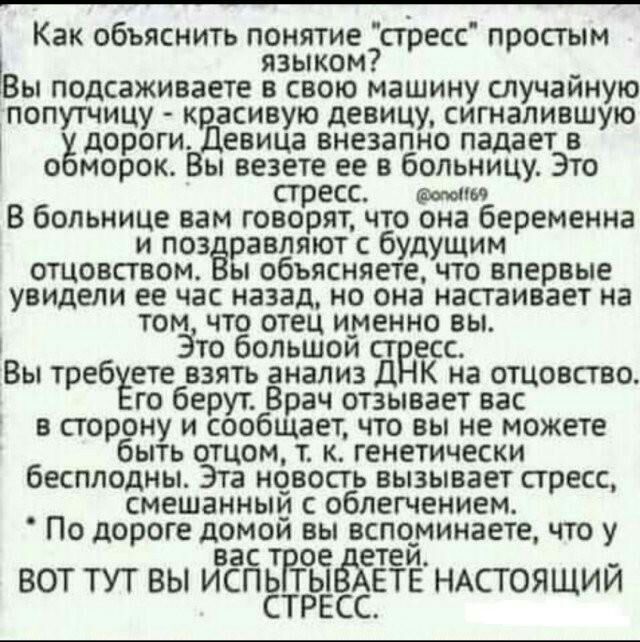 Как объяснить понятие стресс просгым языком Вы подсаживаете в свою машину случайную попутчицу крцасивую девицу сигналившую ёдороги Девица внезапно падает в о морок Вы везете ее в больницу Это стресс В больнице вам говорят что она беременна и поз равляют с будущим отцовством ы объясняете что впервые увидели ее час назад но она настаивает на том что отец именно вы Этоб большой ст ексс Вы требуетеб в