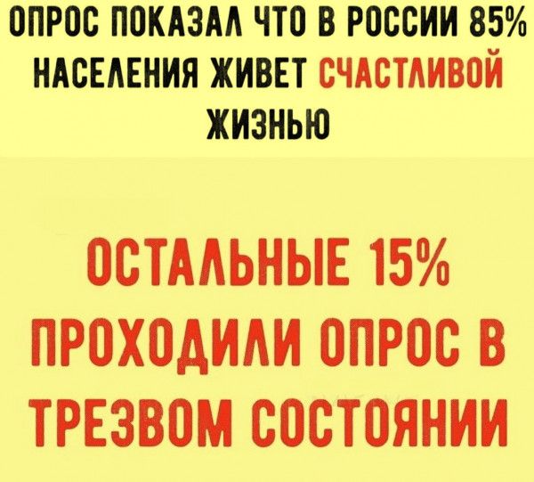 ОПРОС ПОКАЗАА ЧТО В РОССИИ 85 НАСЕМЁНИЯ ЖИВЕТ СЧАСТЛИВОЙ ЖИЗНЬЮ ОСТААЬНЫЕ 15 ПРОХОАИАИ ОПРОС В ТРЕЗВОМ СОСТОЯНИИ