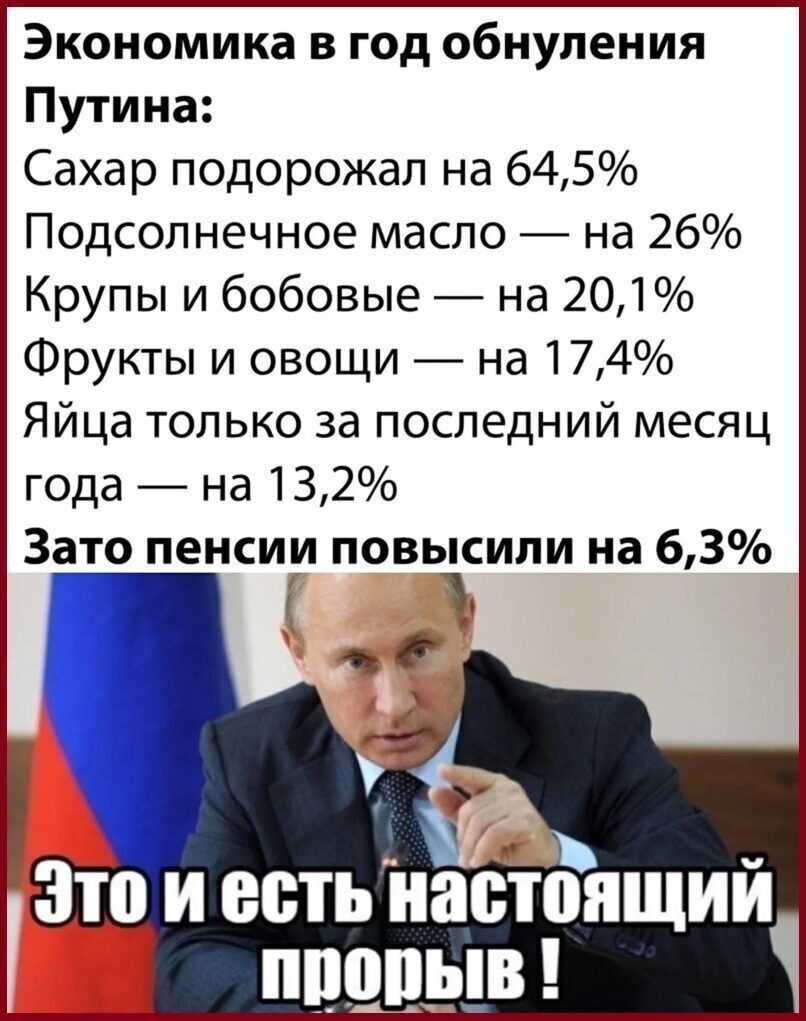 Экономика в год обнуления Путина Сахар подорожал на 645 Подсолнечное масло на 26 Крупы и бобовые на 201 Фрукты и овощи на 174 Яйца только за последний месяц года на 132 Зато пенсии повысили на 63 Г Это и есть настоящий пиши 1
