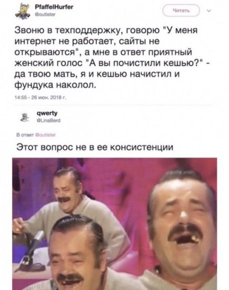 Звоню в техподдержку говорю У меня интернет не работает сайты не открываются в мне в ответ приятный женский голос А вы почишили кешьюі да твою матка я и кешью начистип и фундукв никопол На за за Этот вопрос не в ее консистенции