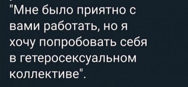 Мне было приятно с вами работать но я хочу попробовать себя в гетеросексуальном коллективе