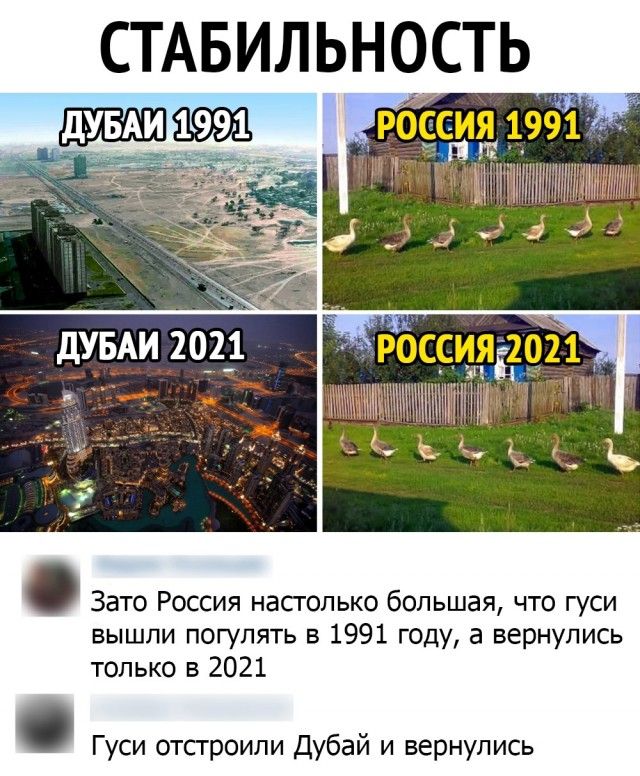 СТАБИЛЬНОСТЬ ПТЖ Зато Россия насголько большая что гуси вышли погулять в 1991 ГОДУ а вернулись только в 2021 Гуси отстроили Дубай и вернулись