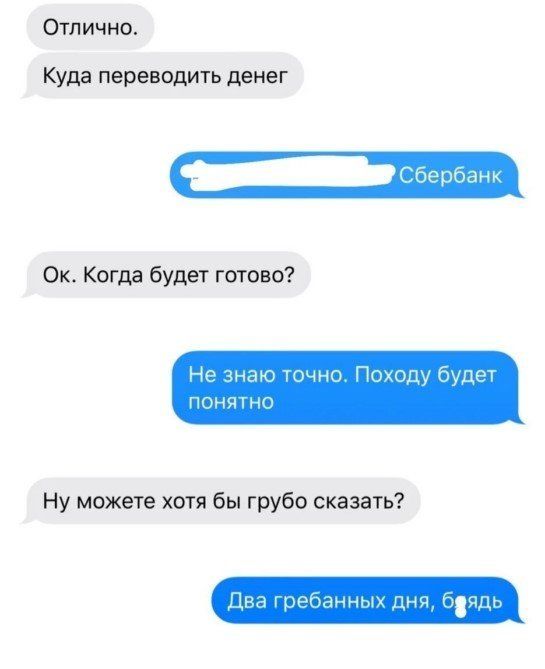 Отлично Куда переводить денег Ок Когда будет готово Не знаю точно Походу будет понят Ну можете хотя бы грубо сказать Нг анны ппц