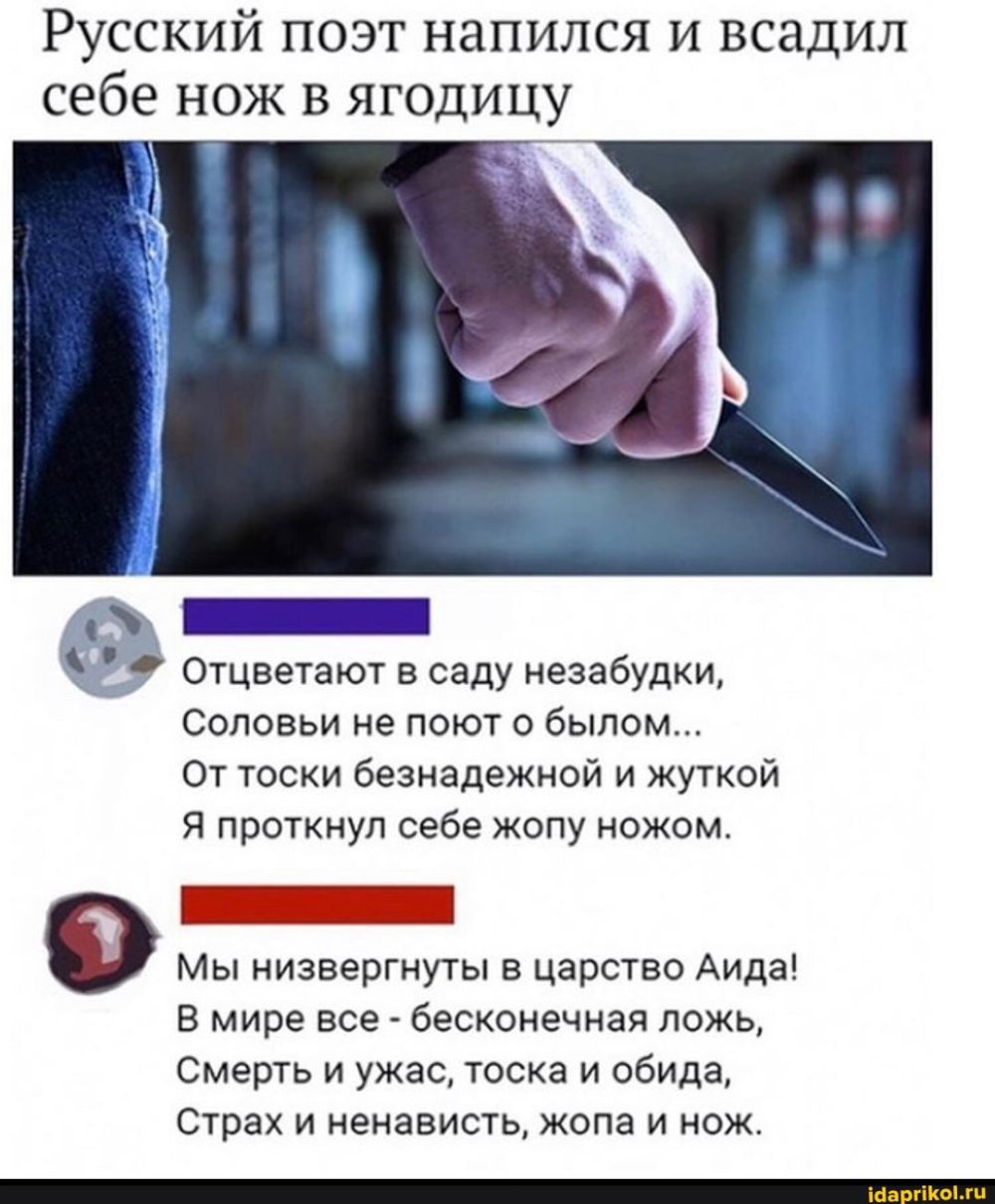 Русский поэт напился и всадил себе нож в ягодицу в _ Отцветают в саду незабудки Соловьи не поют о былом От тоски безнадежной и жуткой Я проткнул себе жопу ножом Мы низвергнуты в царство Аида В мире все бесконечная ложь Смерть и ужас тоска и обида Страх и ненависть жопа и нож