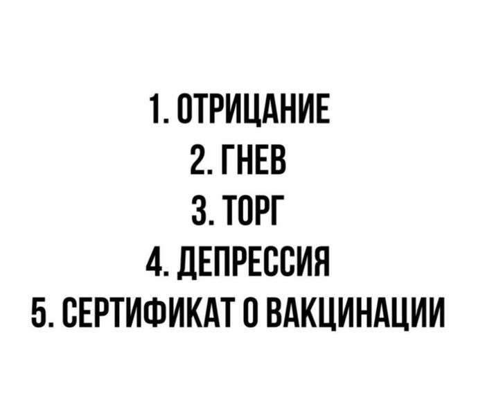 1 ОТРИЦАНИЕ 2 ГНЕВ З ТОРГ 4 ДЕПРЕССИЯ 5 СЕРТИФИКАТ 0 ВАКЦИНАЦИИ