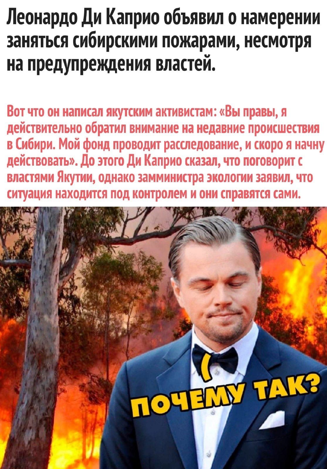 Леонардо Ди Каприо объявил о намерении заняться сибирскими пожарами несмотря на предупреждения властей