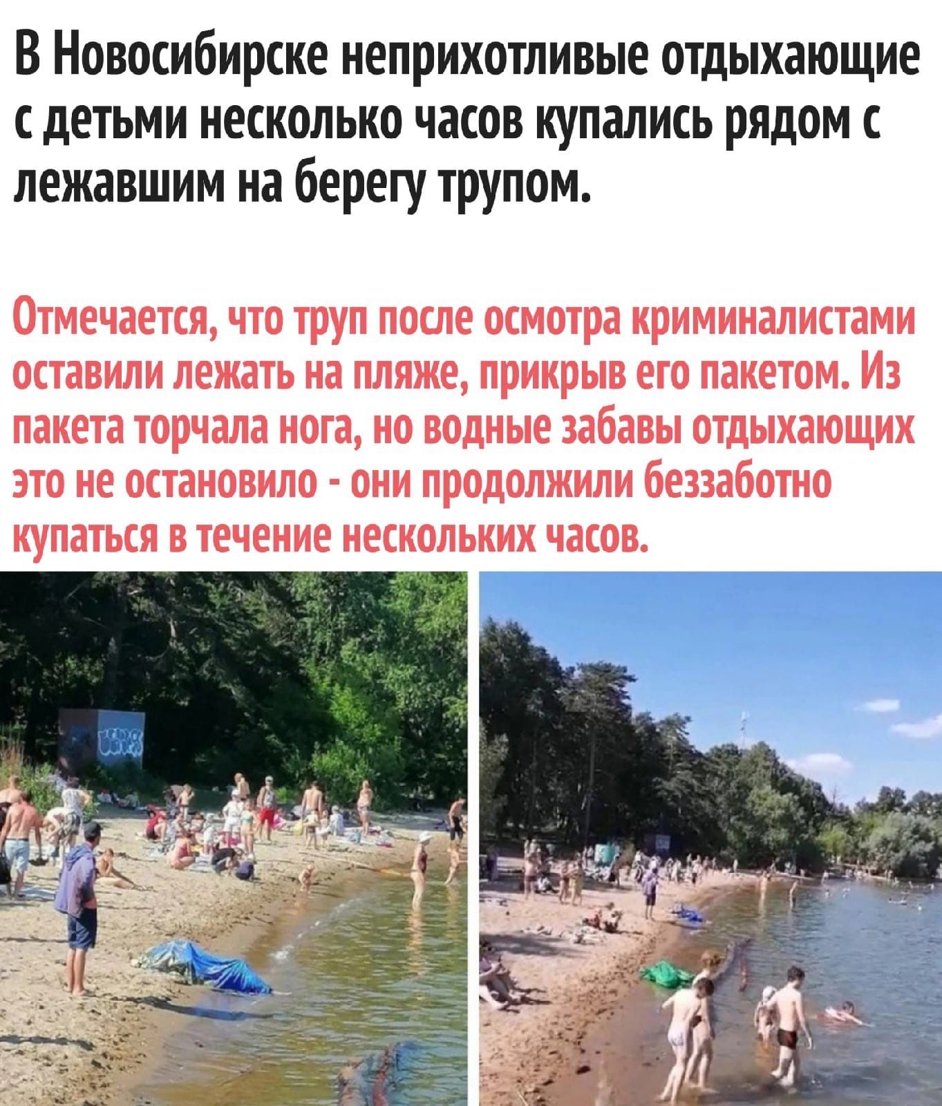 В Новосибирске неприхотливые отдыхающие с детьми несколько часов купались рядом лежавшим на берегу трупом