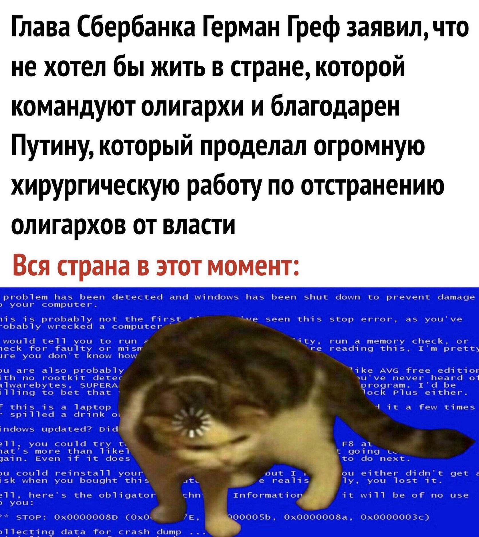 Глава Сбербанка Герман Греф заявилчто не хотел бы жить в стране которой командуют олигархи и благ0дарен Путину который проделал огромную хирургическую работу по отстранению олигархов от власти Вся страна в этот момент