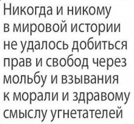 Никогда и никому в мировой истории не удалось добиться прав и свобод через мольбу и взывания к морали и здравому смыслу угнетателей