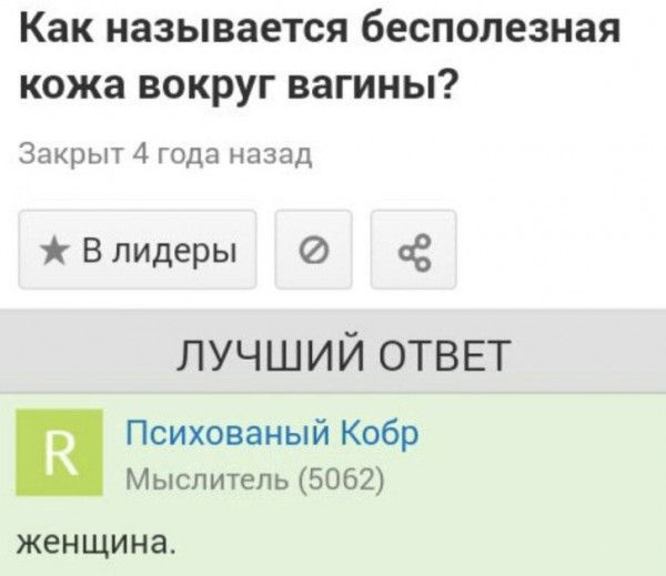 Как называется бесполезная кожа вокруг вагины Закрыт 4 года назад В лидеры чё ЛУЧШИЙ ОТВЕТ Психованый Кобр Мыслитель 5062 женщина