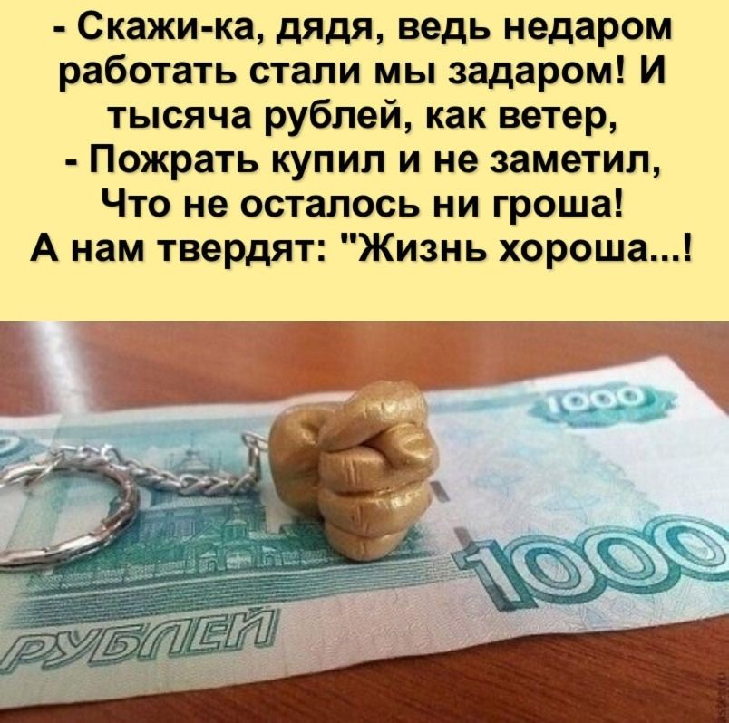 Скажи ка дядя ведь недаром работать стали мы задаром И тысяча рублей как ветер Пожрать купил и не заметил Что не осталось ни гроша А нам твердят Жизнь хороша