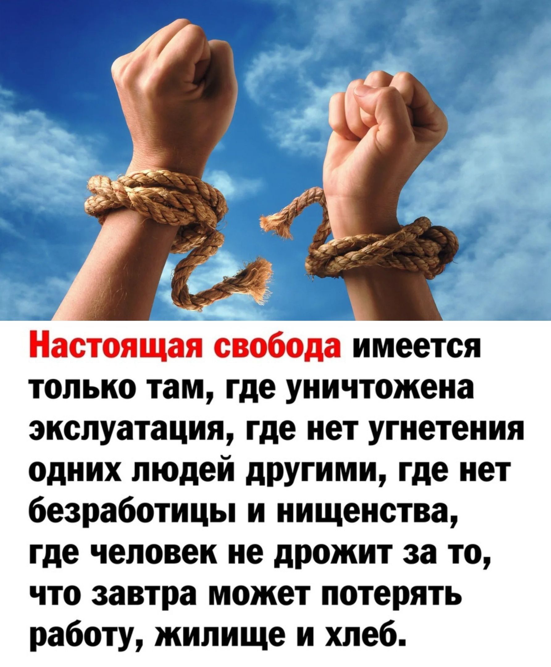 Настоящая свобода имеется только там где уничтожена экслуатация где нет угнетения Одних людей другими где нет безработицы и нищенства где человек не дрожит за то что завтра может потерять работу жилище и хлеб
