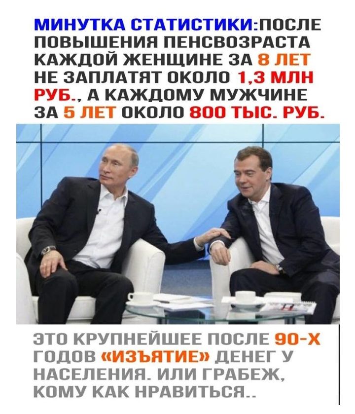 МИНУТКА СТАТИСТИКИПОСЛЕ ПОВЫШЕНИЯ ПЕНОВОЗРАСТА КАЖДОЙ ЖЕНЩИНЕ ЗА 8 ЛЕТ НЕ ЗАПЛАТЯТ ОКОЛО 13 МЛН РУБ А КАЖДОМУ МУЖЧИНЕ ЗА 5 ЛЕТ ОКОЛО ЗОО ТЫС РУБ ЭТО КРУПНЕЙШЕЕ ПОСЛЕ 90х ГОДОВ ИЗЪЯТИЕ ДЕНЕГ У НАСЕЛЕНИЯ ИЛИ ГРАБЕЖ КОМУ КАК НРАВИТЬСЯ__