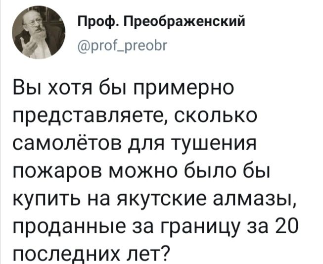 Проф Преображенский ргоіргеоЬг Вы хотя бы примерно представляете сколько самолётов для тушения пожаров можно было бы купить на якутские алмазы проданные за границу за 20 последних лет