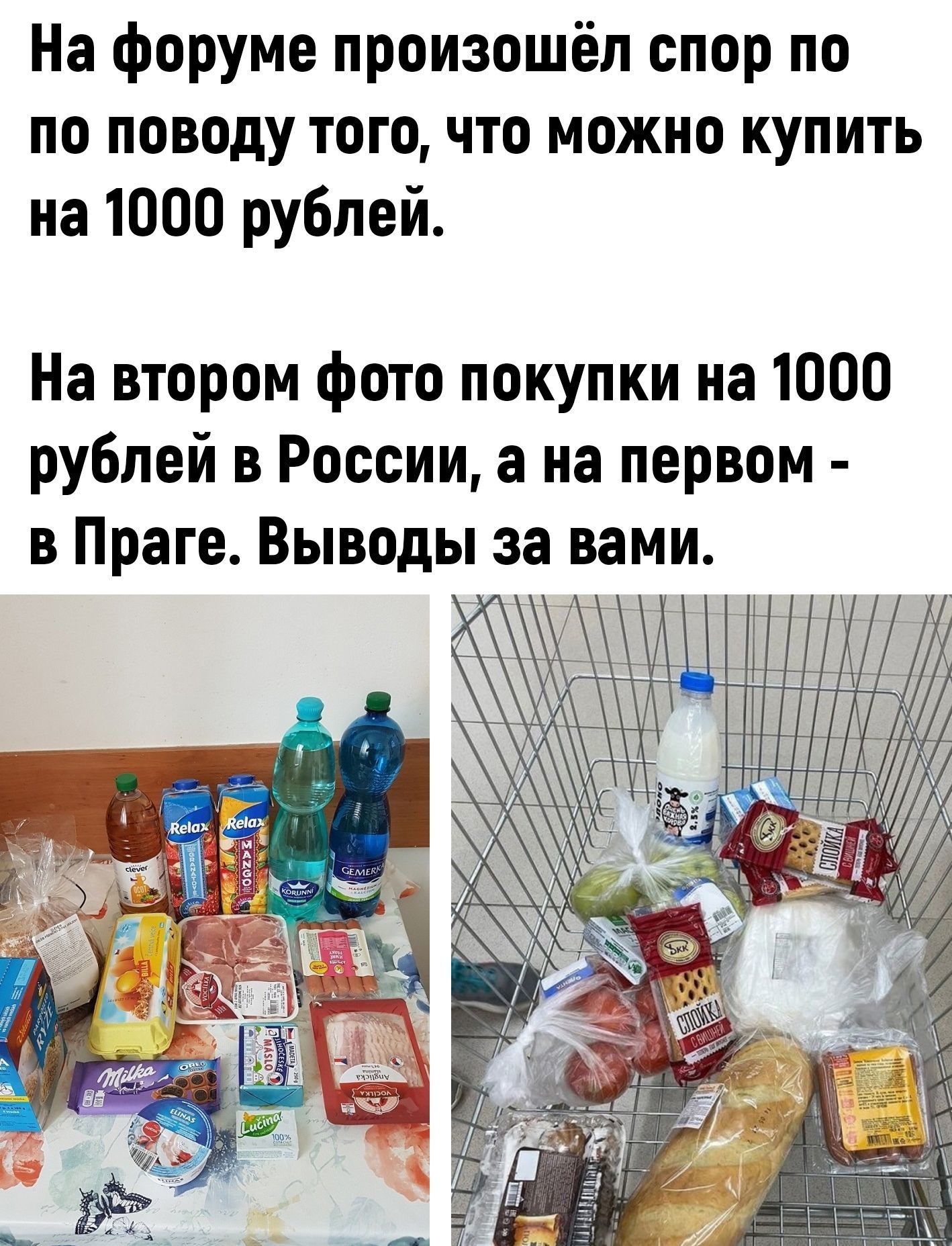 На форуме произошёл спор по по поводу того что можно купить на 1000 рублей На втором фото покупки на 1000 рублей в России а на первом в Праге Выводы за вами А