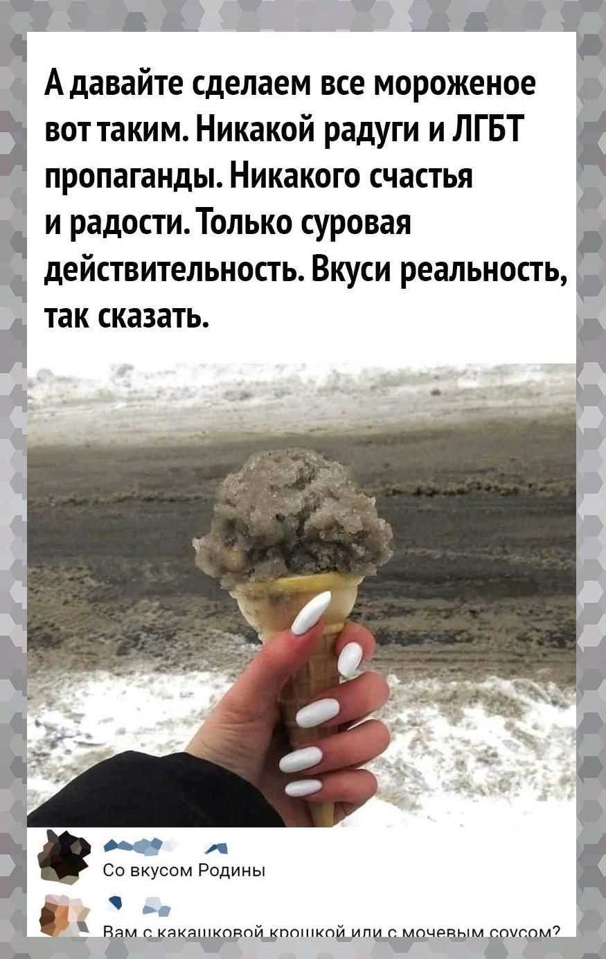 1 7 в _ Зг Адавайте сделаем все мороженое вот таким Никакой радуги и ЛГБТ пропаганды НИКЗКОГО СЧЗСТЬЯ іддцёа И РЭДОСТИ ТОЛЬКО СУРОВЭЯ деИСТВИТЕЛЬНОСТЬ ВКУСИ реальность в Я так сказать г Со вкусом Родины _ Нам скяктцковпй ёптнкпи или С мочевым СОУС7 е_ 1