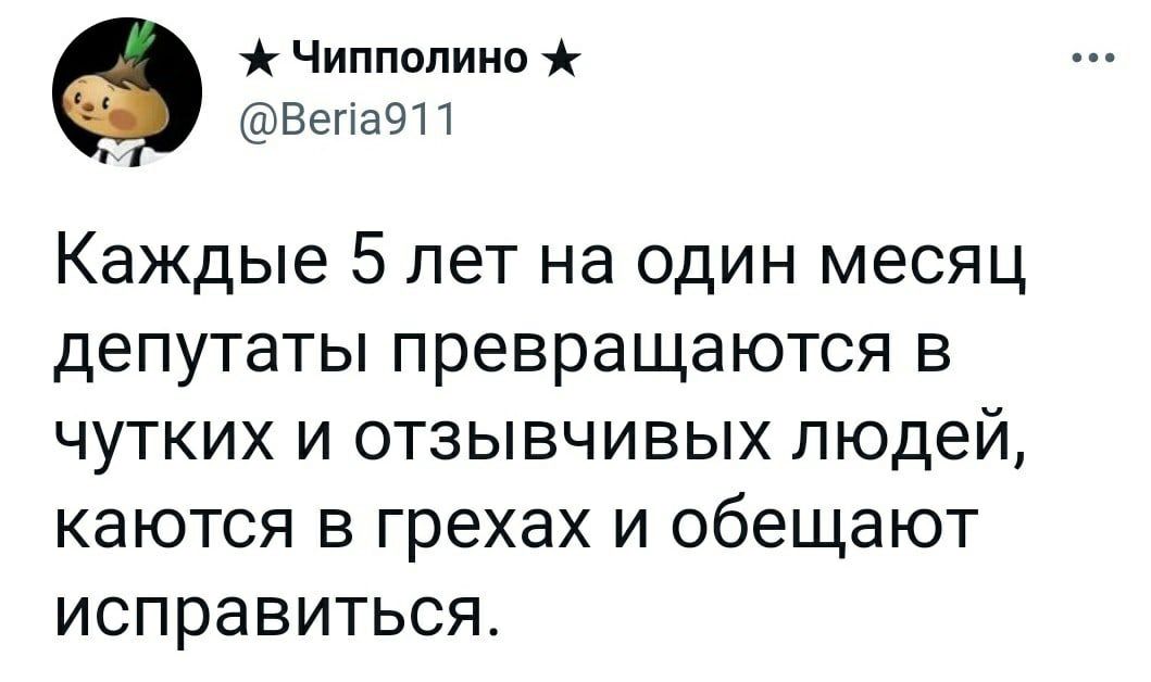 Чипполино Вегіа911 Каждые 5 лет на один месяц депутаты превращаются в чутких и отзывчивых людей КЭЮТСЯ В грехах И обещают ИСПРЭВИТЬСЯ
