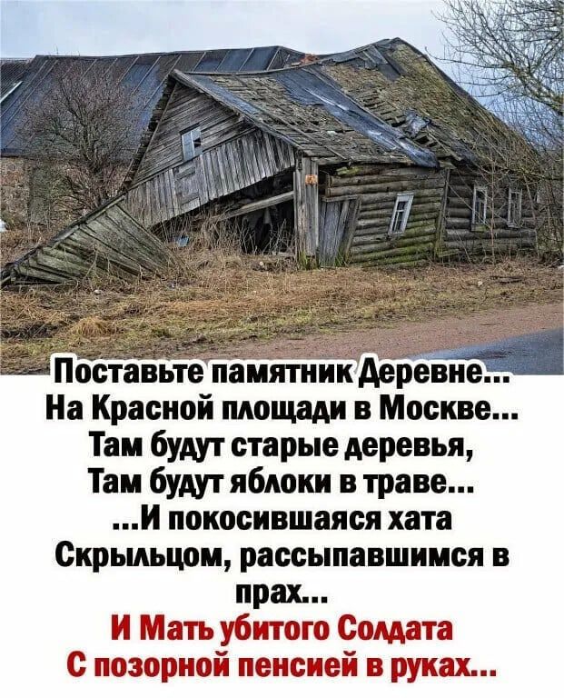 Поставьте памятник деревне На Красной площади в Москве Там будут старые деревья Там будут яблоки в траве И покосившаяся хата Скрыдьцом рассыпавшимся в прах И Мать убитого Солдата с позорной пенсией в руках