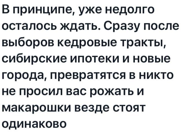 В принципе уже недолго осталось ждать Сразу после выборов кедровые тракты сибирские ипотеки и новые города превратятся в никто не просил вас рожать и макарошки везде стоят одинаково