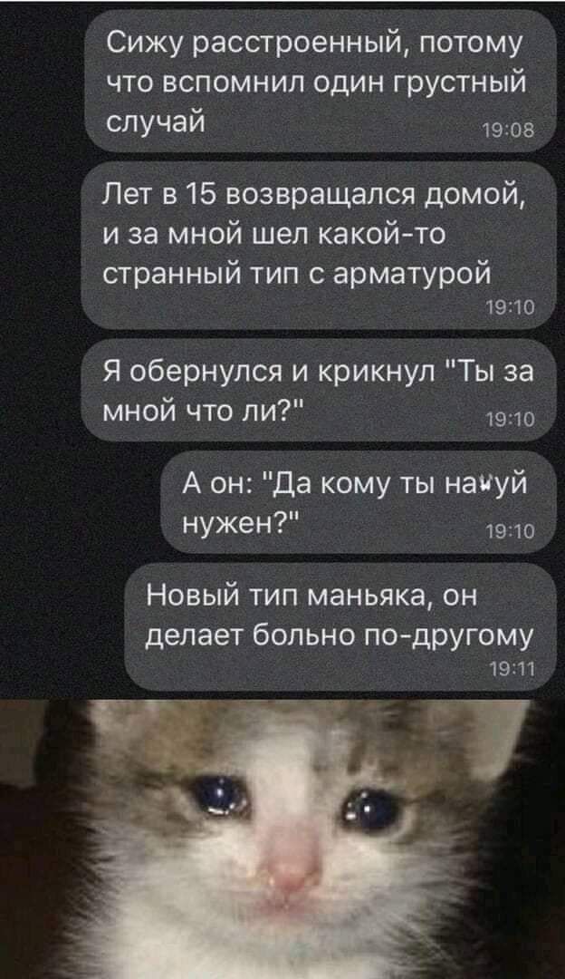 СИЖУ расстроенный ПОТОМУ ЧТО ВСПОМНИЛ ОДИН грустный случай 19308 Лет в 15 возвращался домой и за мной шел какой то странный тип с арматурой 1910 Я обернулся и крикнул Ты за мной что ли 19 А он Да кому ты наиуй нужен 1910 Новый тип маньяка он делает бОЛЬНО по другому 1911