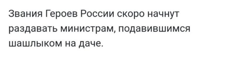 Звания Героев России скоро начнут раздавать министрам подавившимся шашлыком на даче