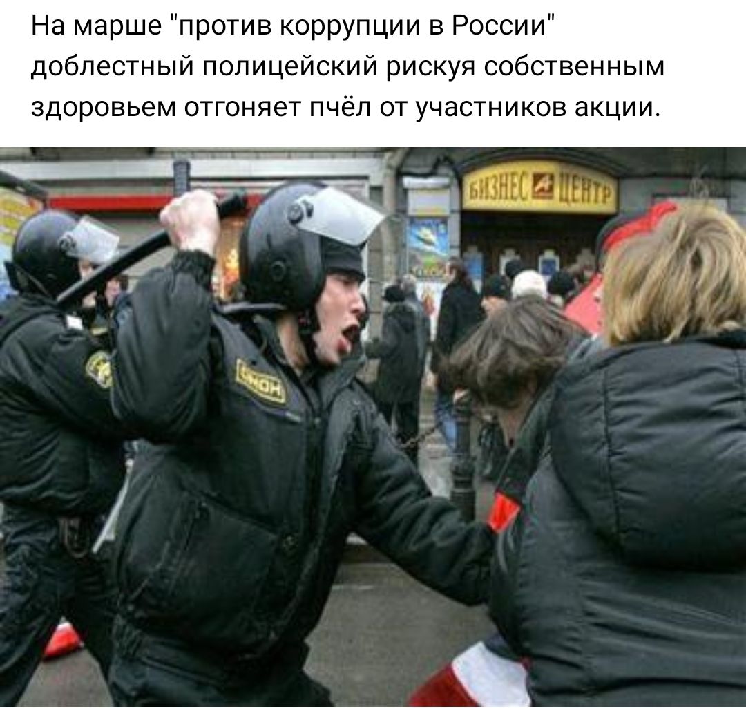 На марше против коррупции в России доблестный полицейский рискуя собственным здоровьем отгоняет пчёл от участников акции