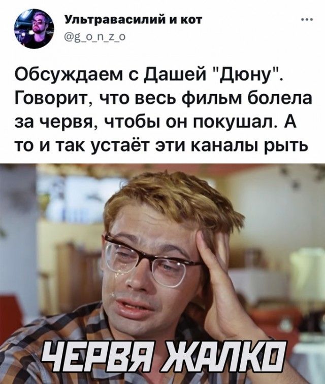 Упьтравасипий и кот 5_о_п_2_о Обсуждаем с дашей дюну Говорит что весь фильм болела за червя чтобы он покушал А то и так устаёт эти каналы рыть чвпвя ждлкд 1