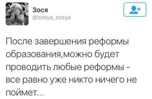 ЗОСЯ После завершения реформы образованияможно будет проводить любые реформы все равно уже никто ничего не поймет