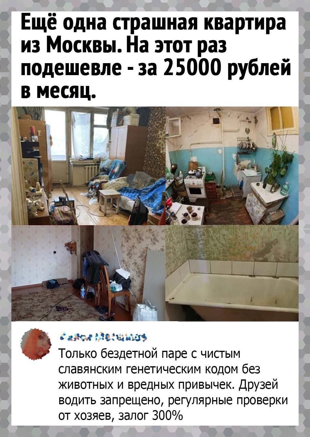 щ А у Ещё одна страшная квартира 1 _ из Москвы На этот раз подешевле за 25000 рублей 1 в месяц им меж м Только бездетной паре с чистым славянским генетическим кодом без животных и вредных привычек Друзей водить запрещено регулярные проверки от хозяев залог 300 в О Ч на п